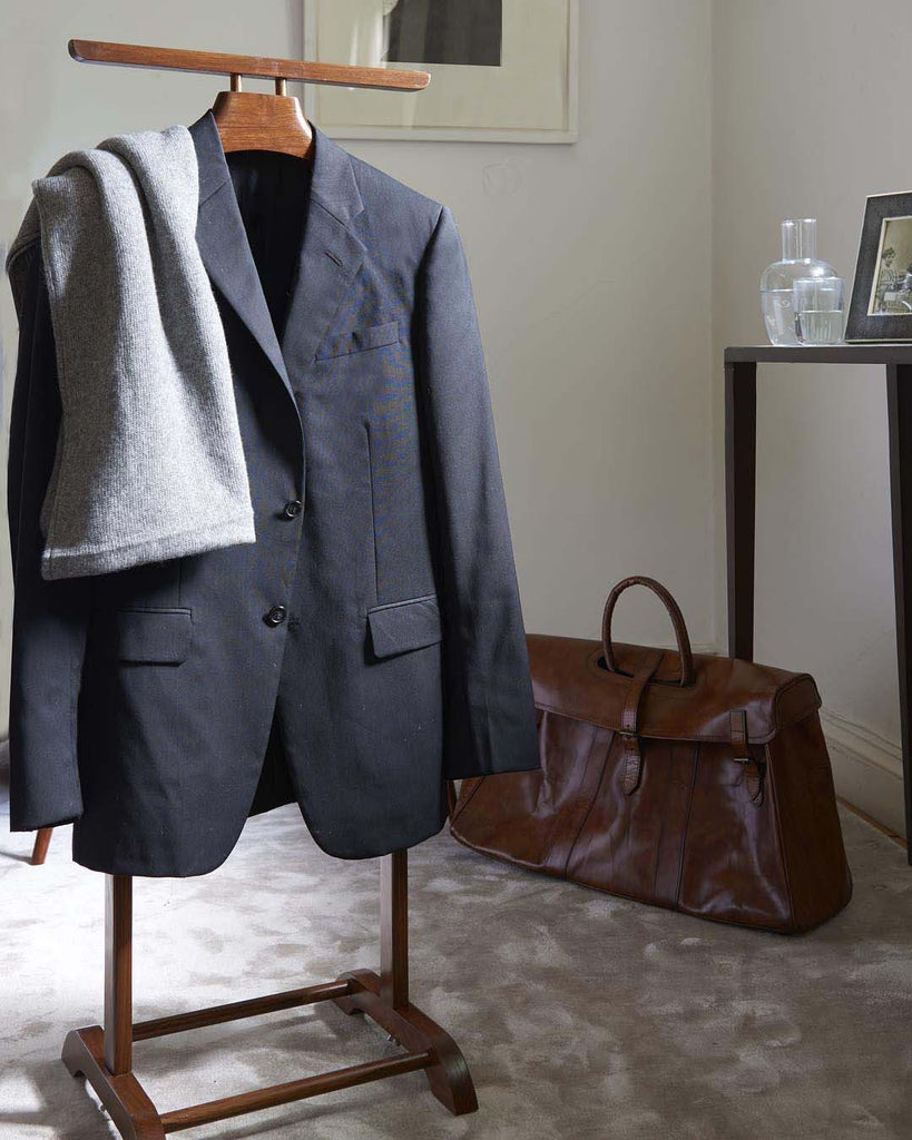 Shikari Teak Valet Stand with jacket and bag