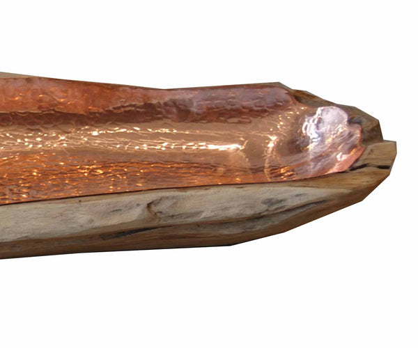 Teak and Copper Long Wooden Bowl Close up