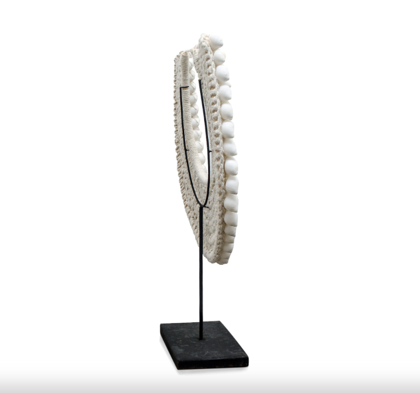 Snow White Shell Necklace on Stand From Behind