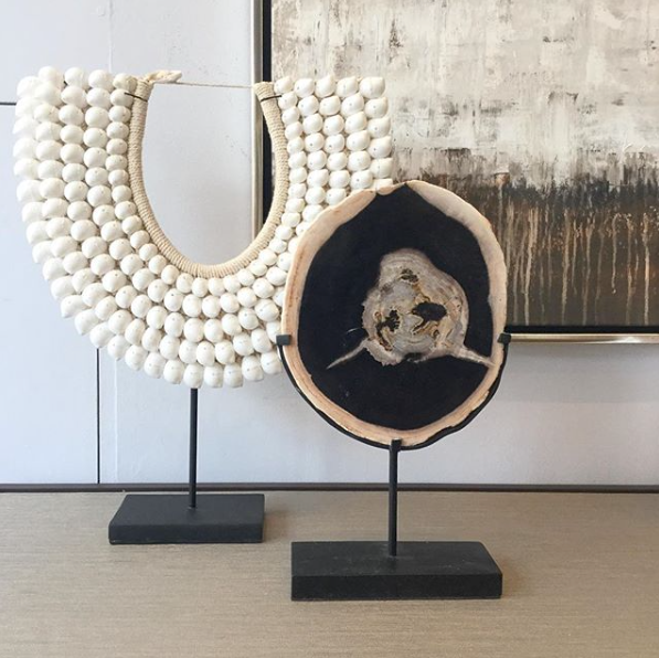 Snow White Shell Necklace on Stand With Petrified wood and Painting