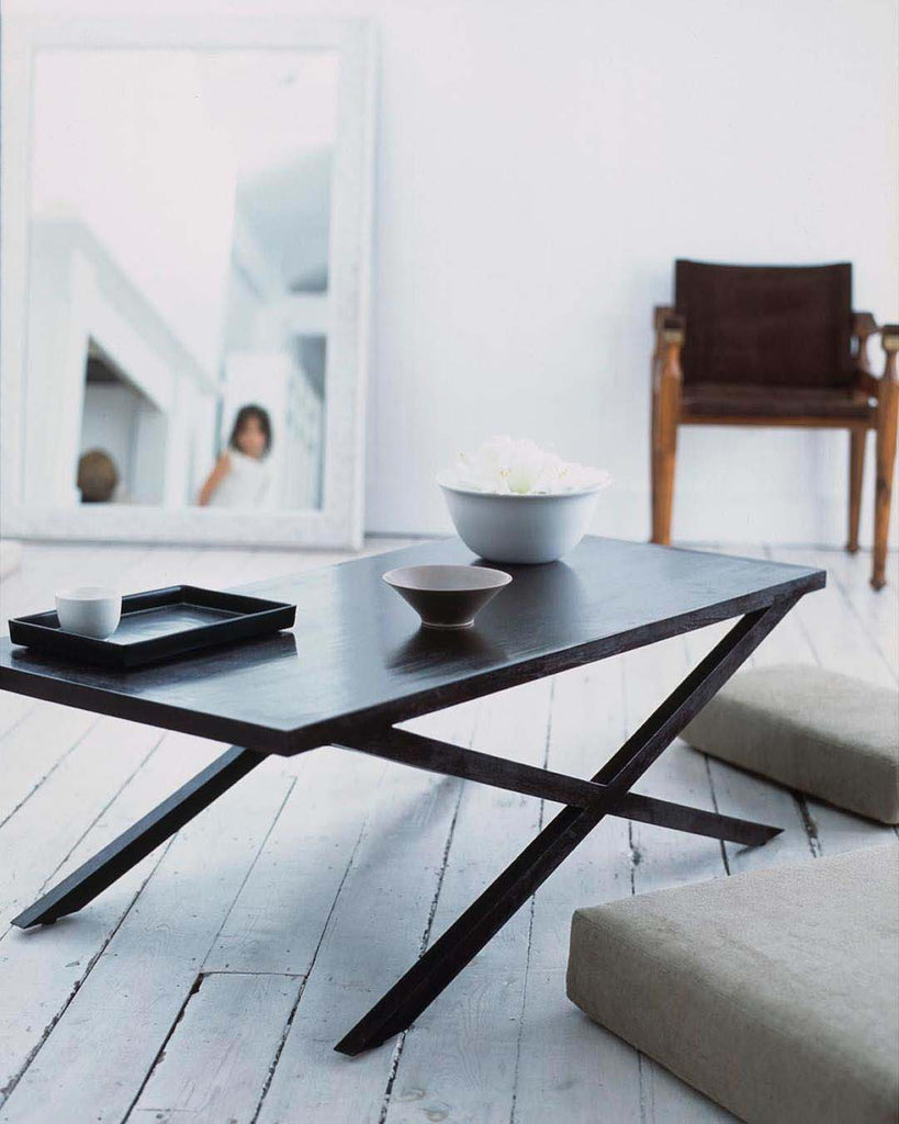 Metro Cross Leg Coffee table with bowls and floor cushion
