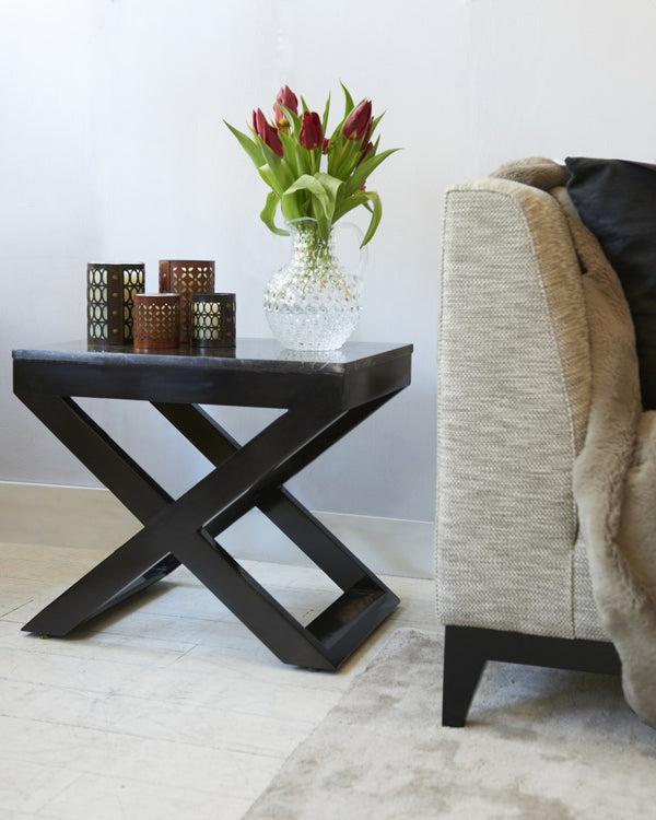 Metro Marble Top Side Table Emperador, with candles flowers and sofa