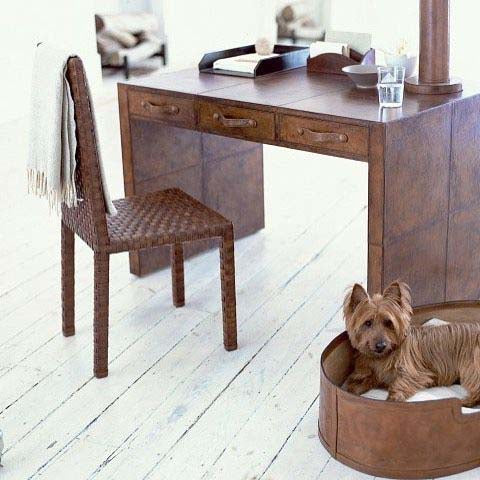 Havana Leather Console With leather chair, leather basket and dog