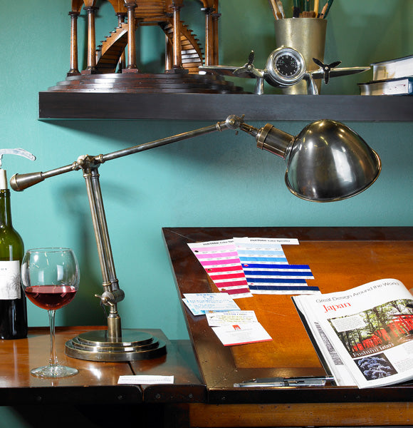 Concorde Desk Lamp on Desk with Wine and Magazine