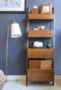 Shikari leaning shelf against blue wall with floor lamp