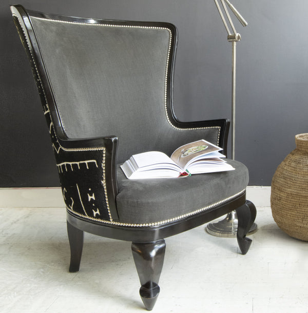 Portobello Queen Anne Armchair with brass lamp and book